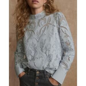 WRAP London Broderie Sheer Lace Cutwork Cotton Top Size 6 Blue Romantic Cottage